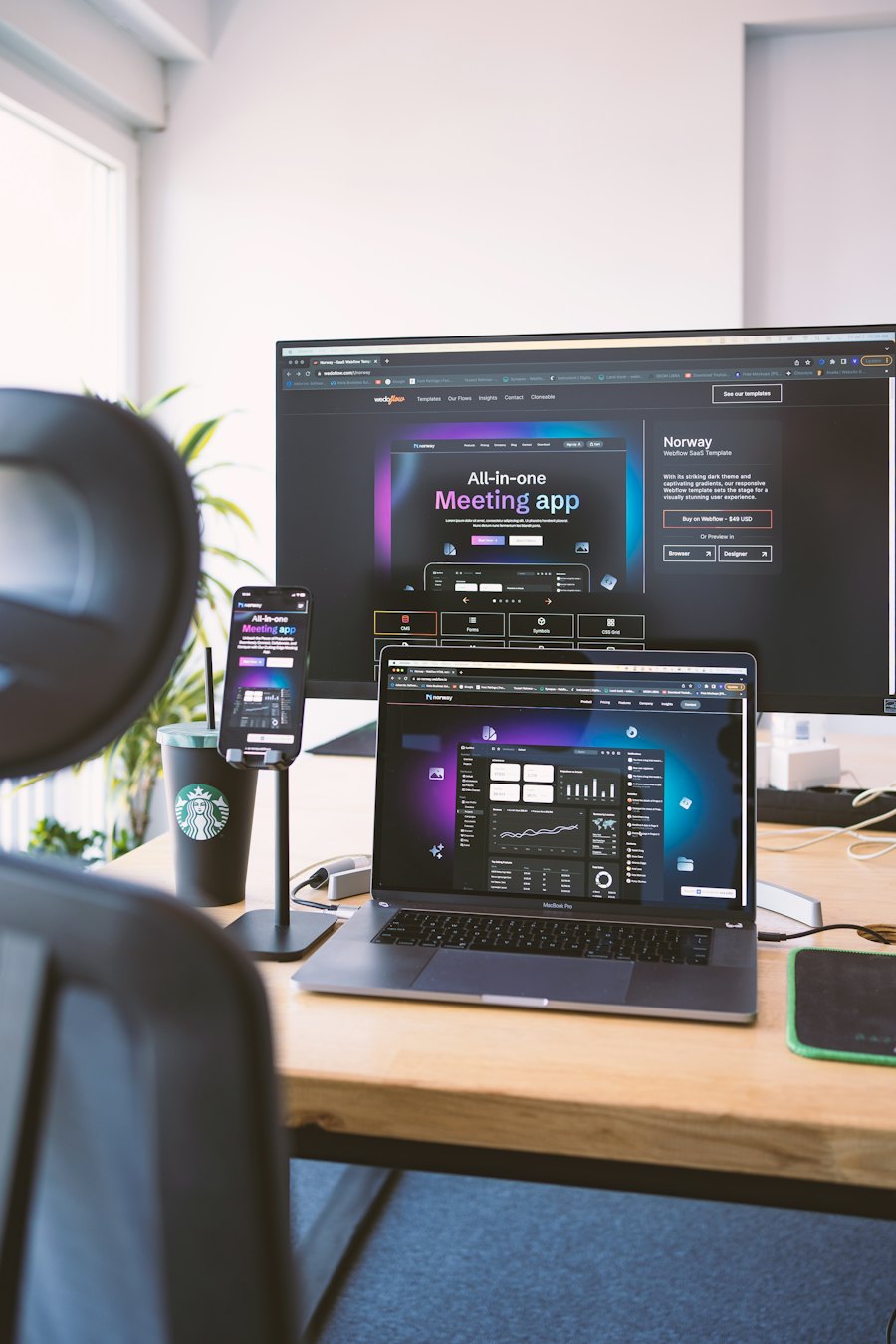 Desk with a laptop and monitor