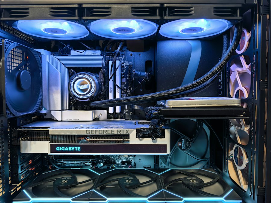 Custom gaming PC with blue lighting